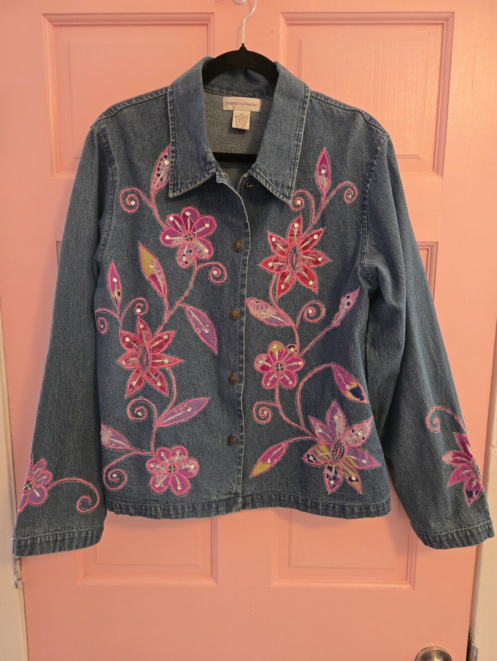 Vintage Embroidered Pink Floral Denim Jacket